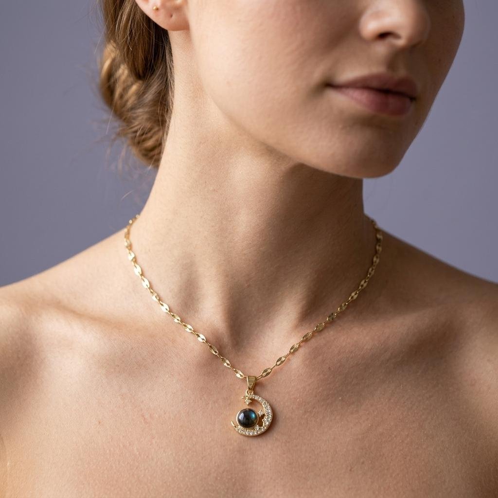 Luxury Gold Crescent Blue Stone Pendant Necklace for Women