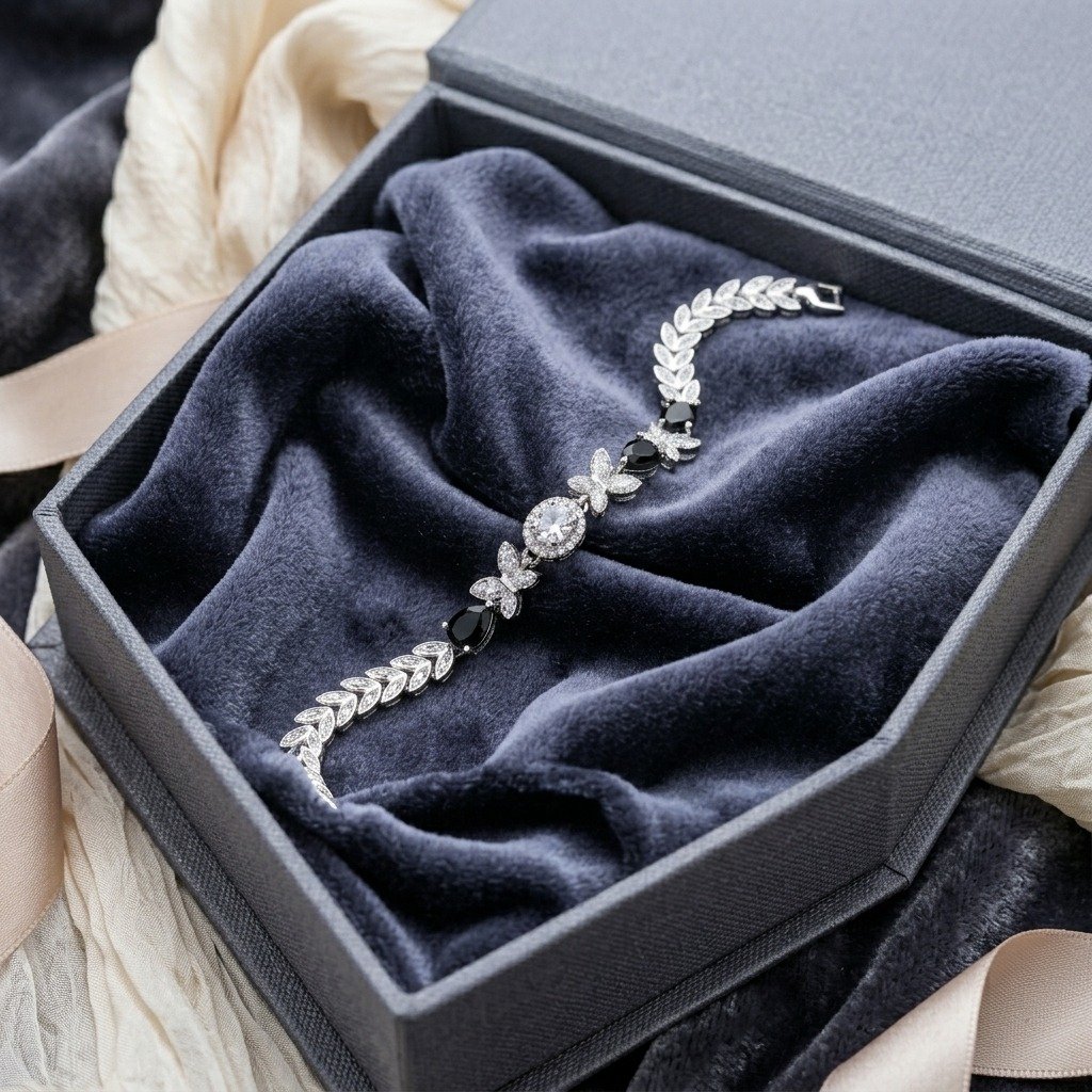 Butterfly Black Teardrop Halo Silver Bracelet