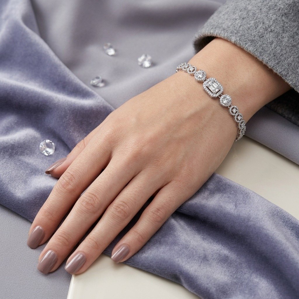 Emerald-Cut Halo Silver Bracelet