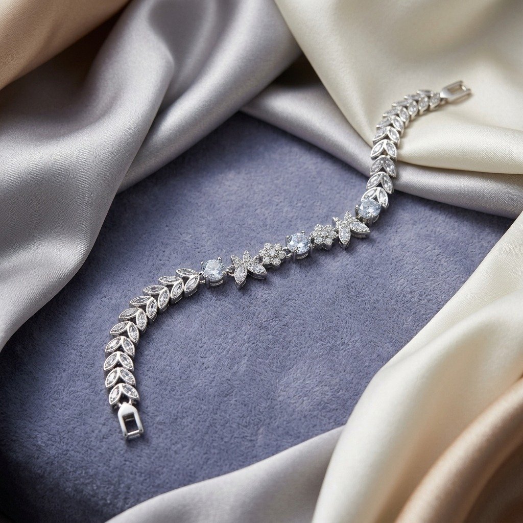 Crystal Floral Leaf Silver Bracelet