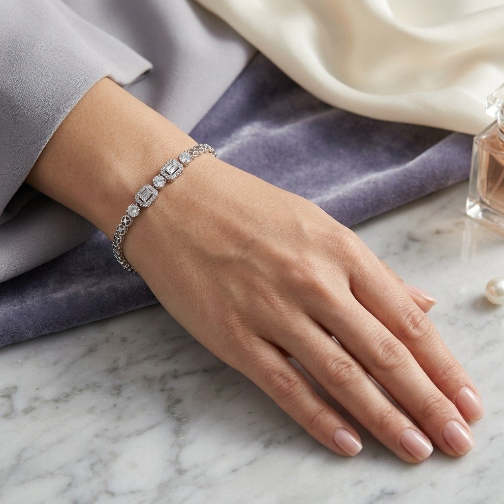 Emerald-Cut Halo Silver Bracelet