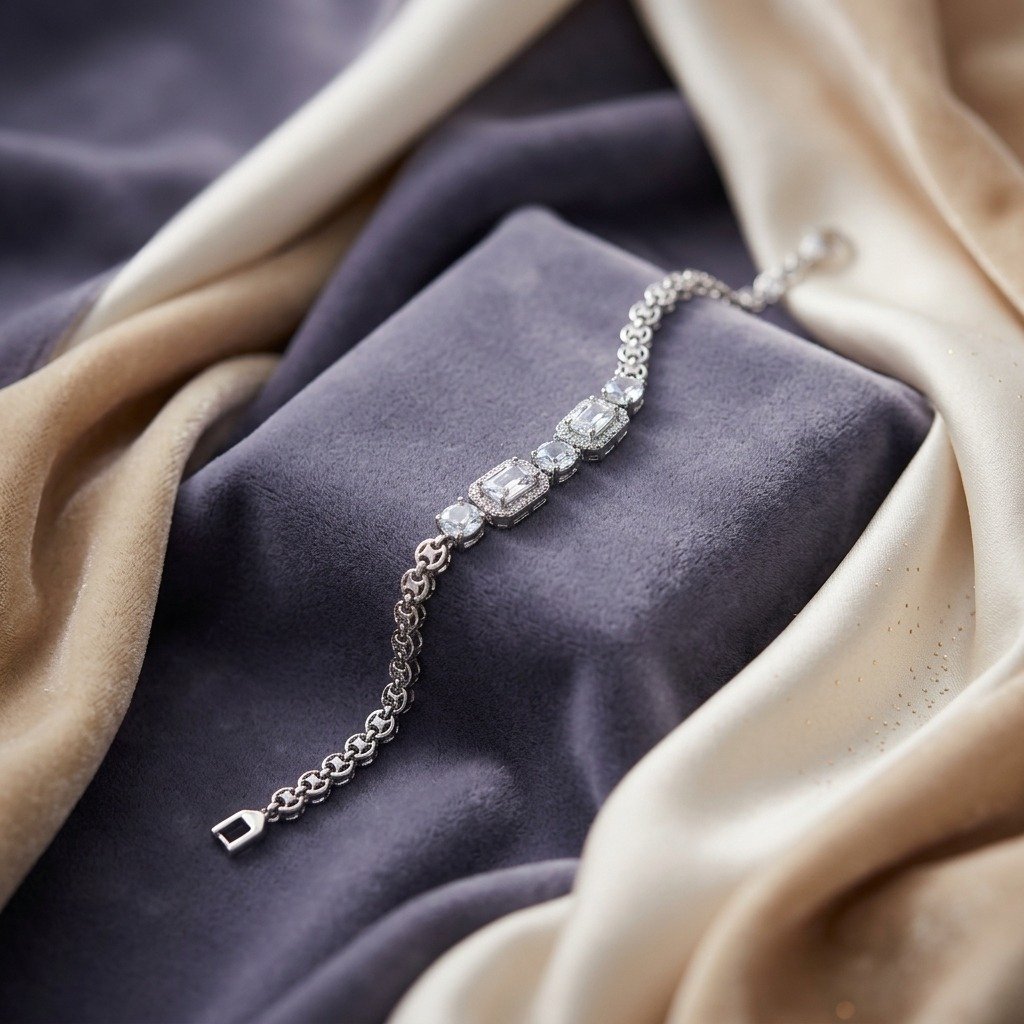 Emerald-Cut Halo Silver Bracelet