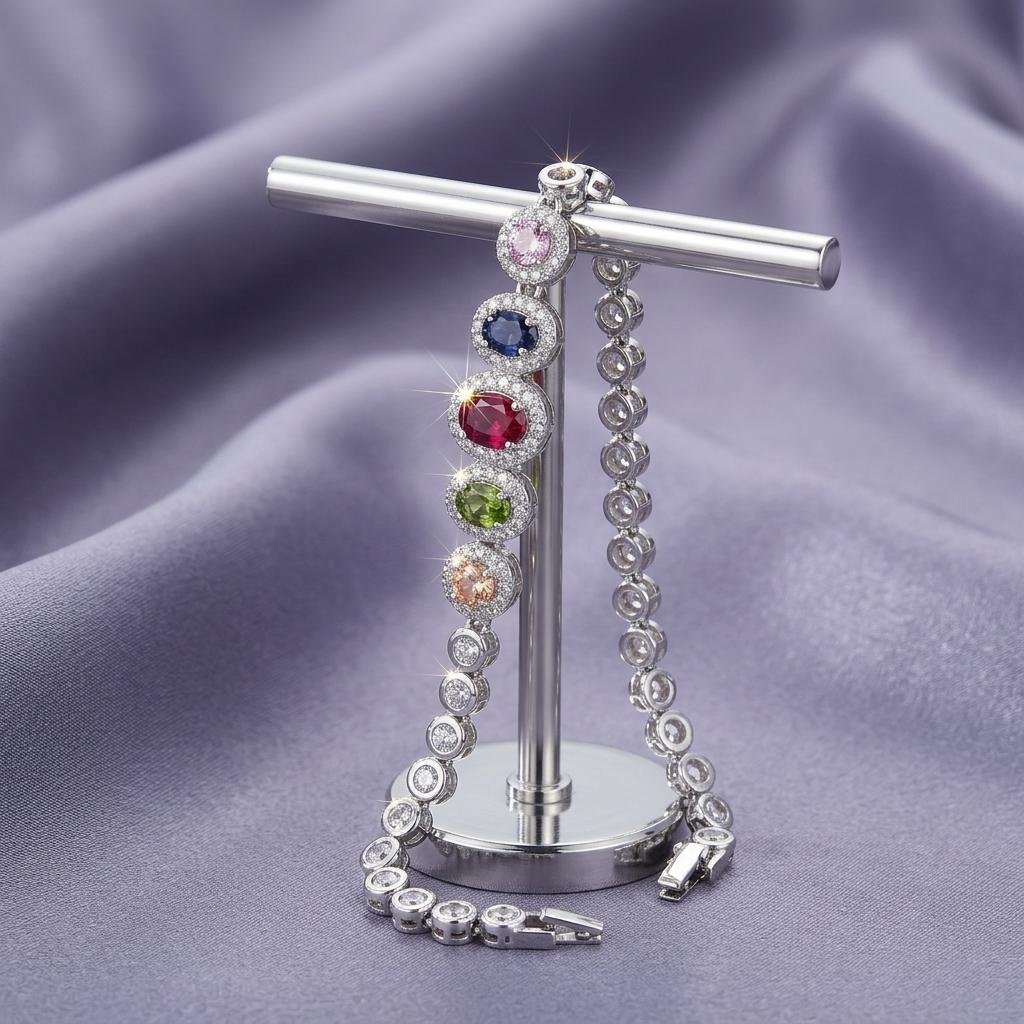 Elegant Silver Bracelet with Multicolor Gemstone Charms for Women