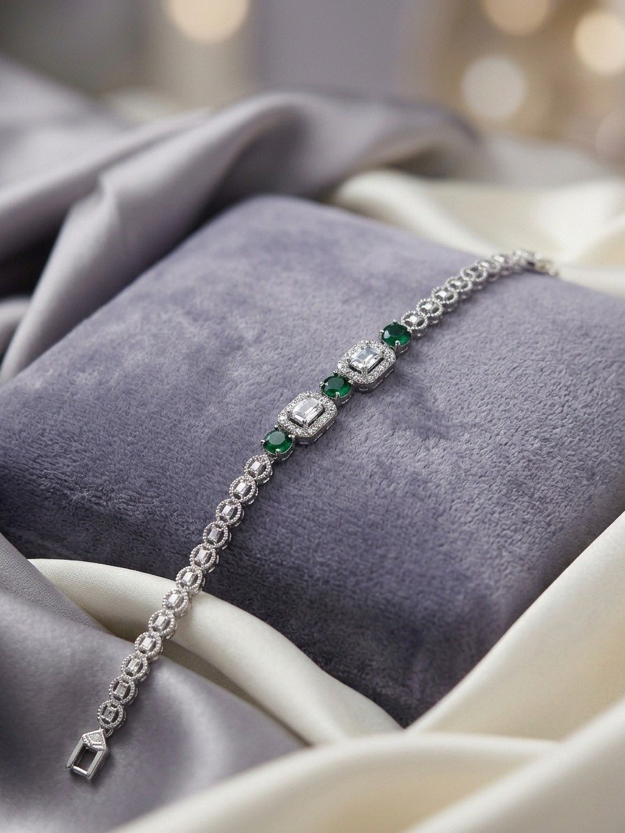 Emerald Green Rectangular Halo Silver Bracelet