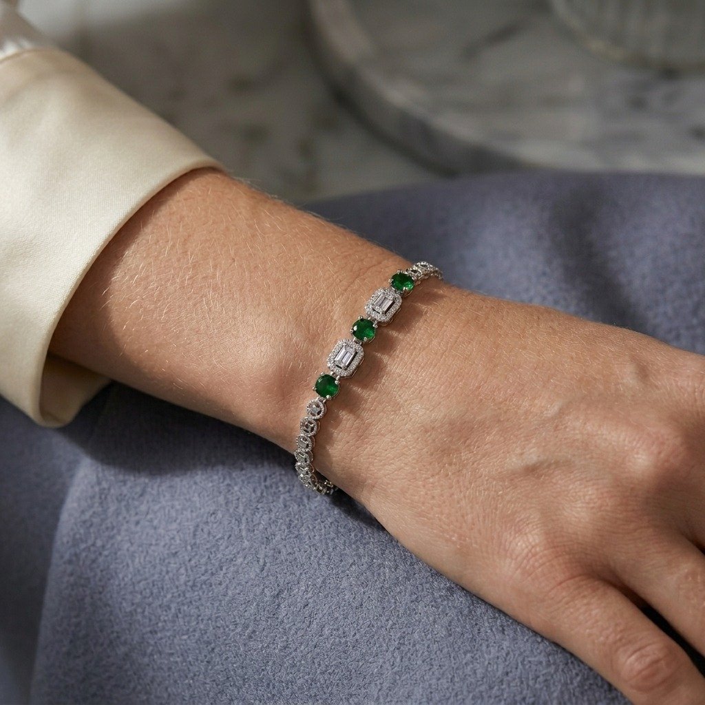 Emerald Green Rectangular Halo Silver Bracelet