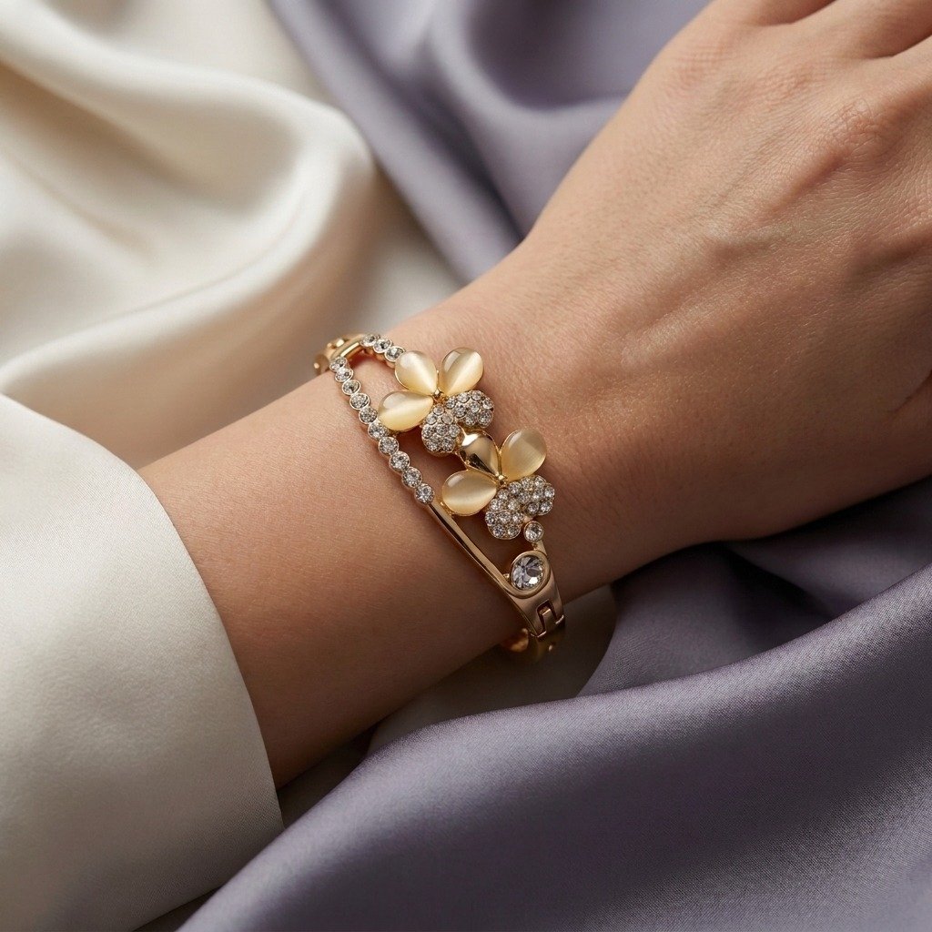 Gold Flower Cat’s Eye Crystal Bangle