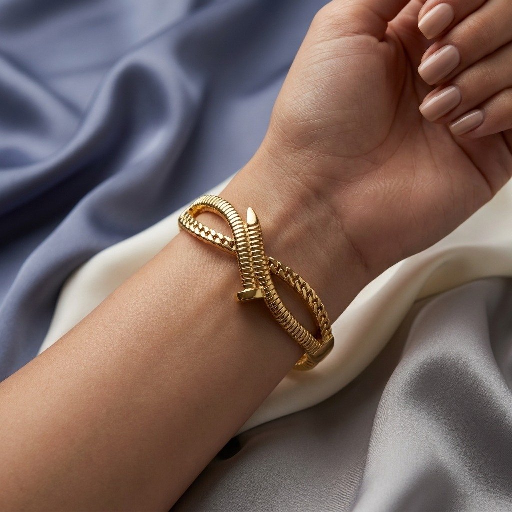 Gold Ribbed Crossover Nail Bangle