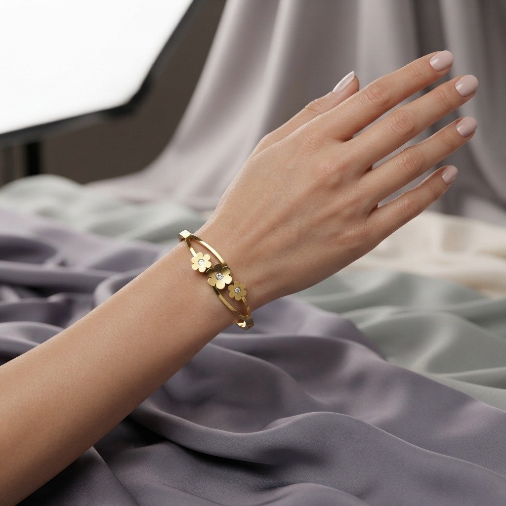 Gold Triple Flower Crystal Bangle