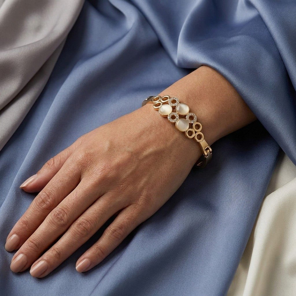 Gold White Cabochon Crystal Circle Bangle