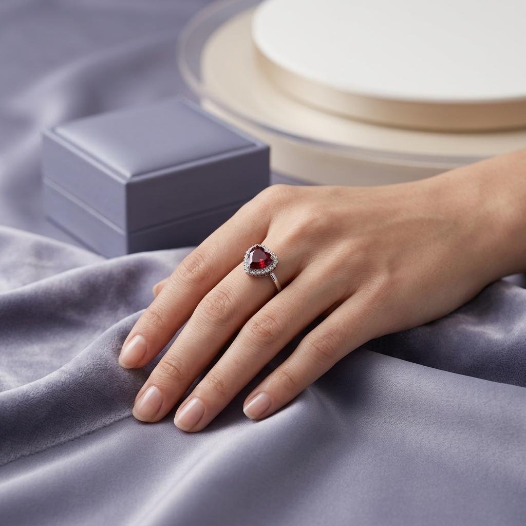 Heart-Cut Red Gemstone Diamond Halo Ring in Silver