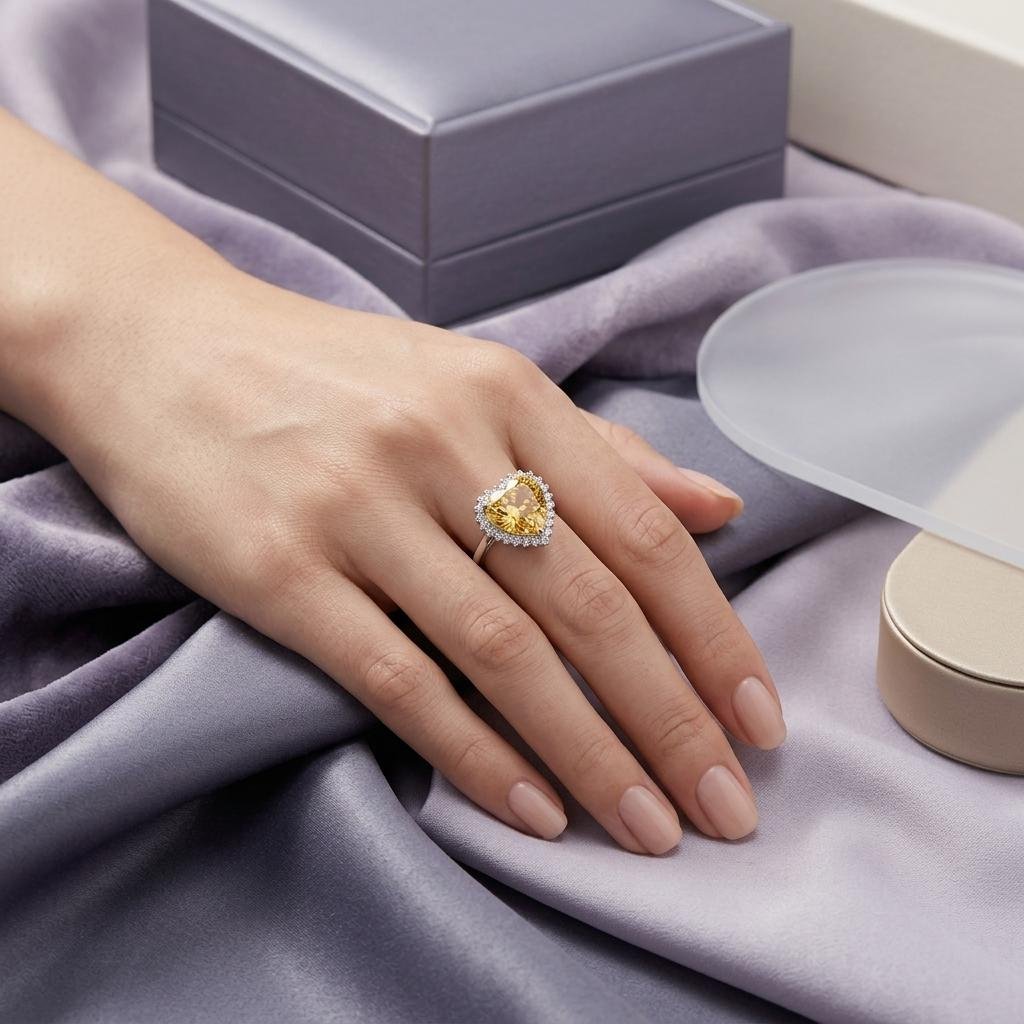Heart-Cut Yellow Gemstone Diamond Halo Ring in Silver