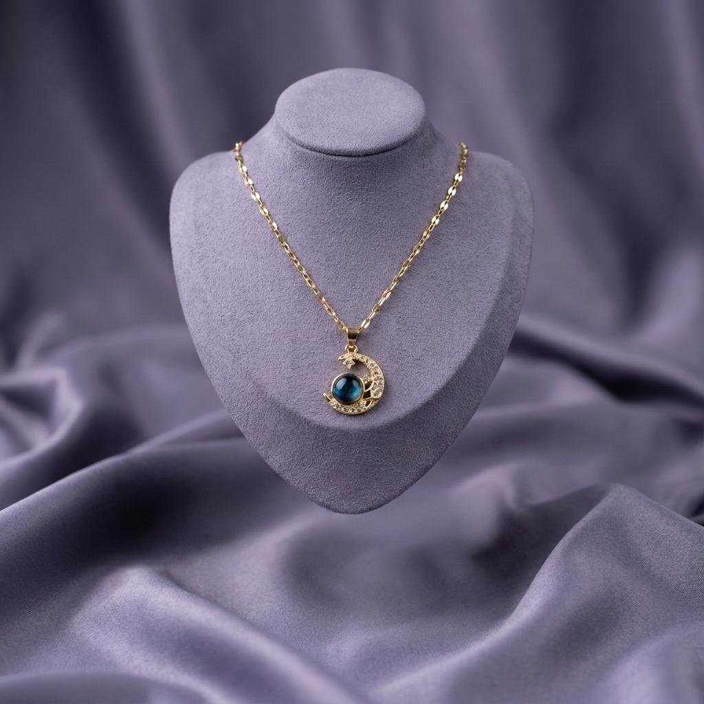 Luxury Gold Crescent Blue Stone Pendant Necklace for Women