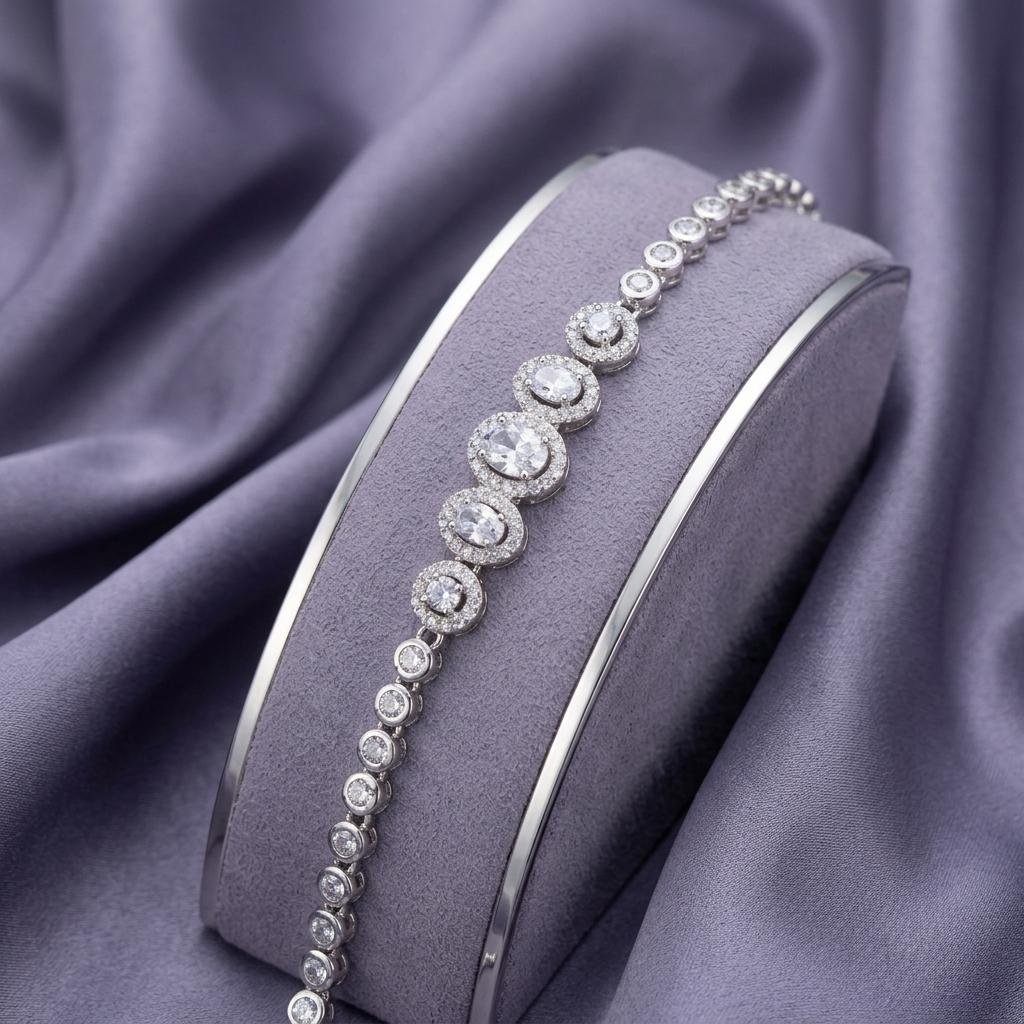 Luxury Silver Crystal Tennis Bracelet with Oval Stone Details for Women