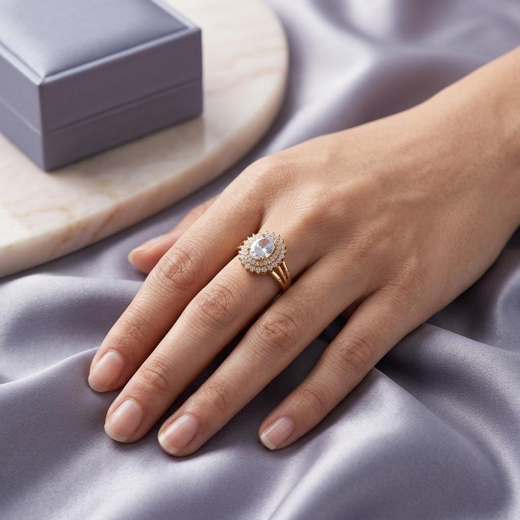 Oval Cut Cubic Zirconia Double Halo Ring in Gold