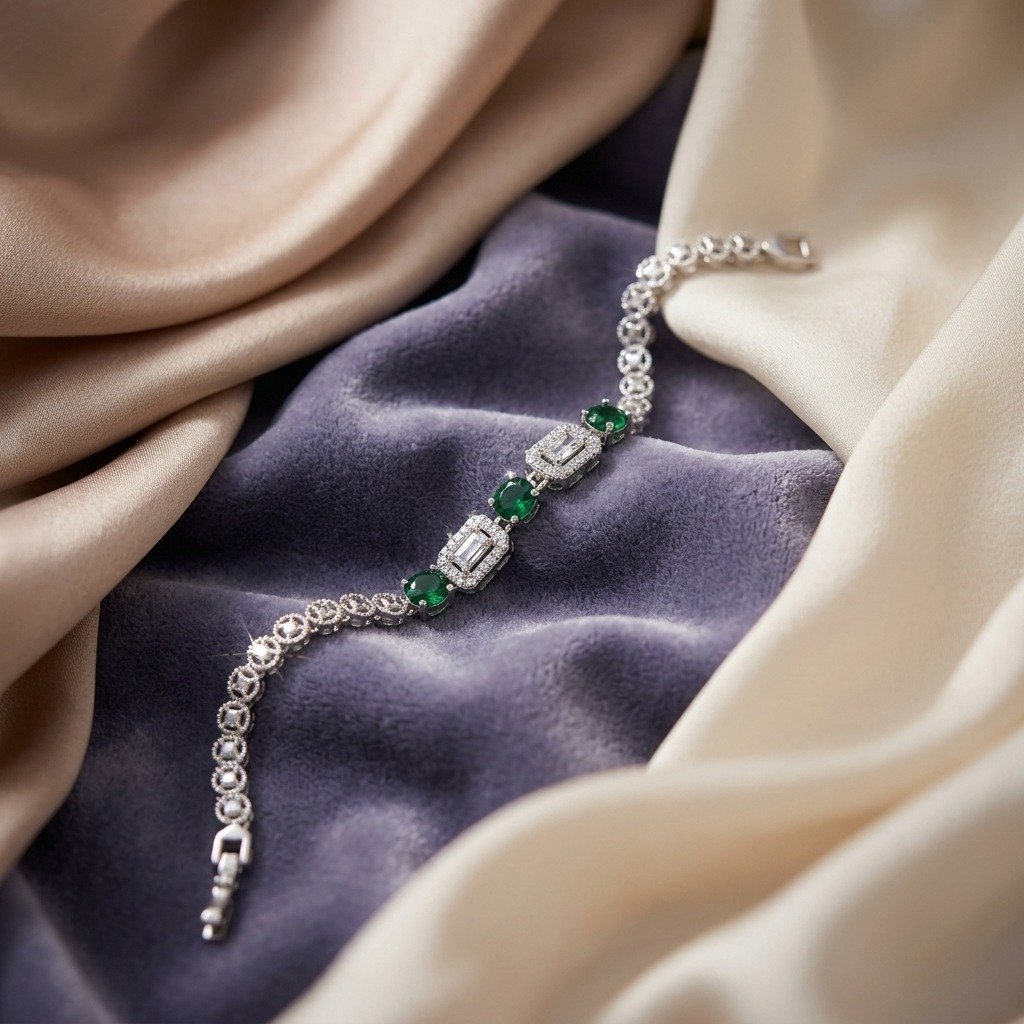 Oval Emerald Green Halo Silver Bracelet