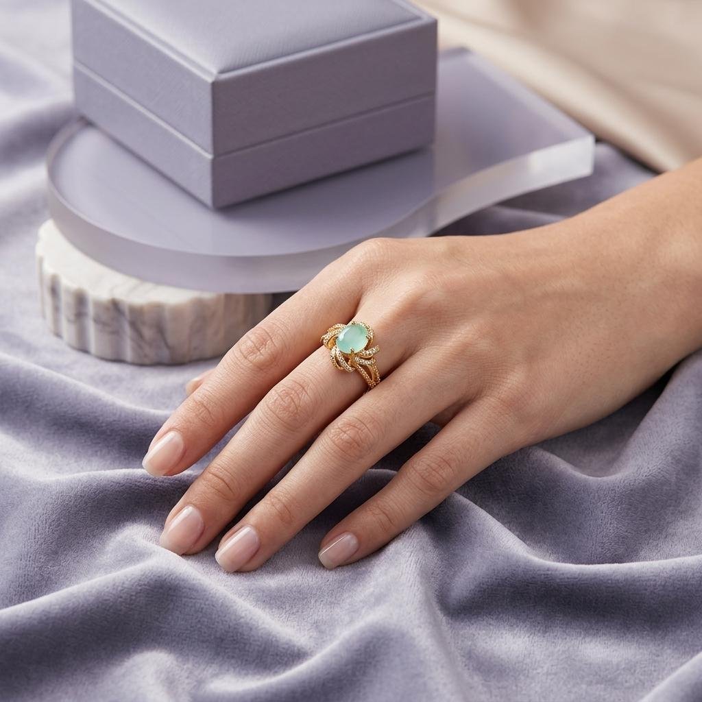 Oval Green Jade Floral Accent Ring in Gold