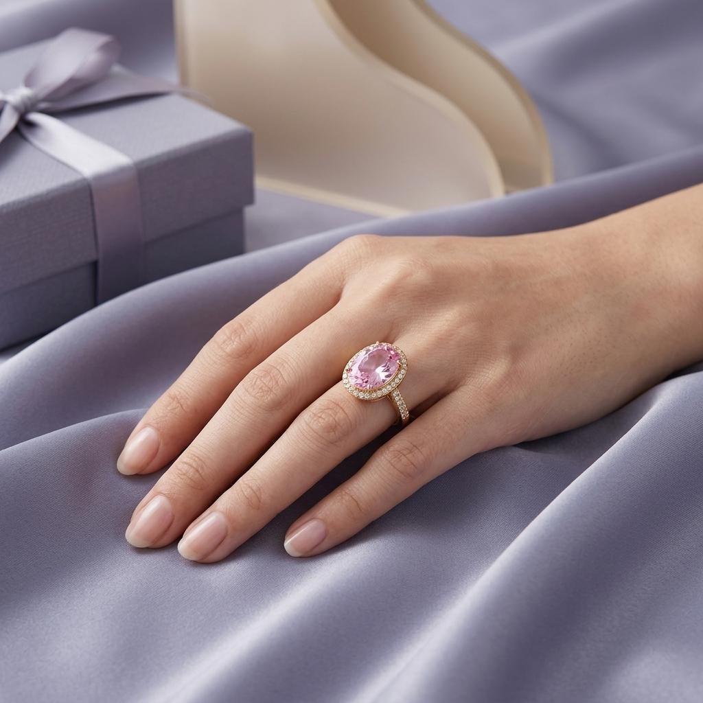 Oval Pink Sapphire Diamond Halo Ring in Gold