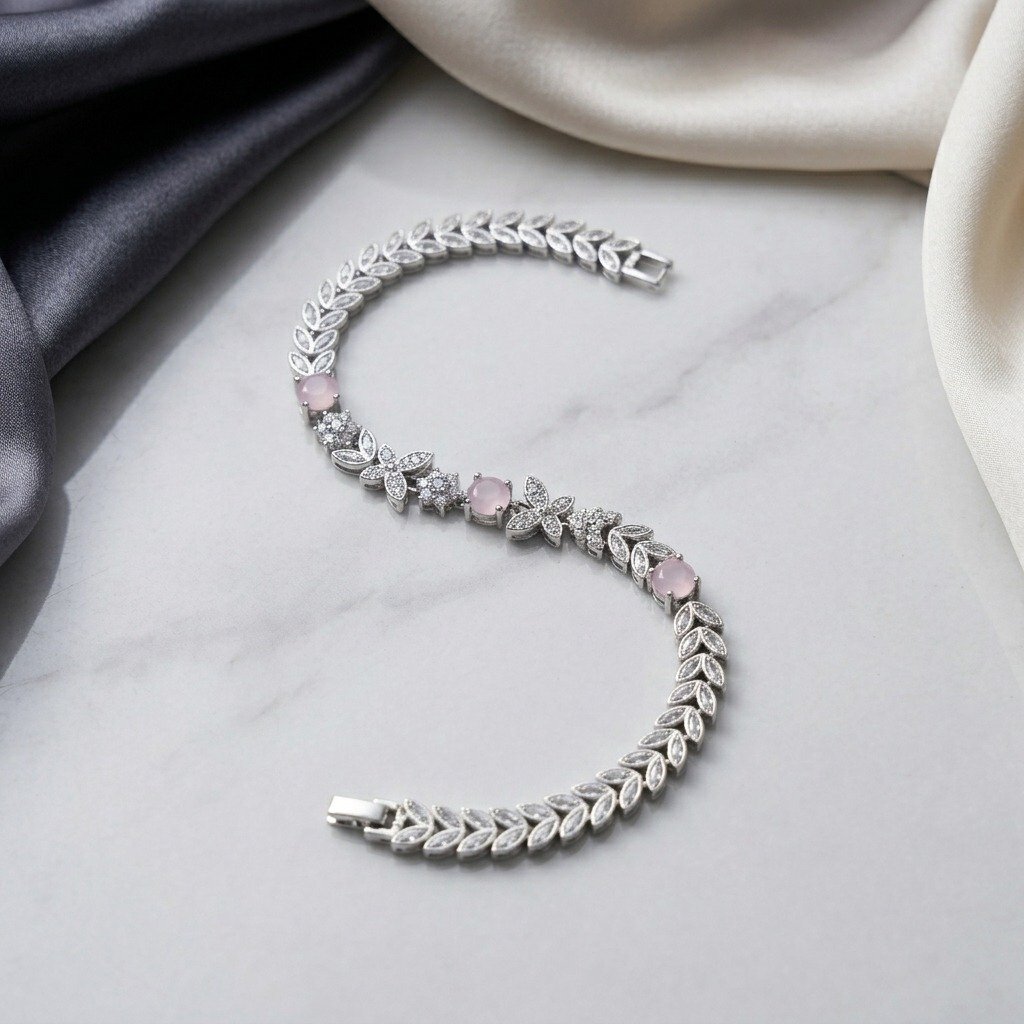 Pink Stone Floral Leaf Silver Bracelet