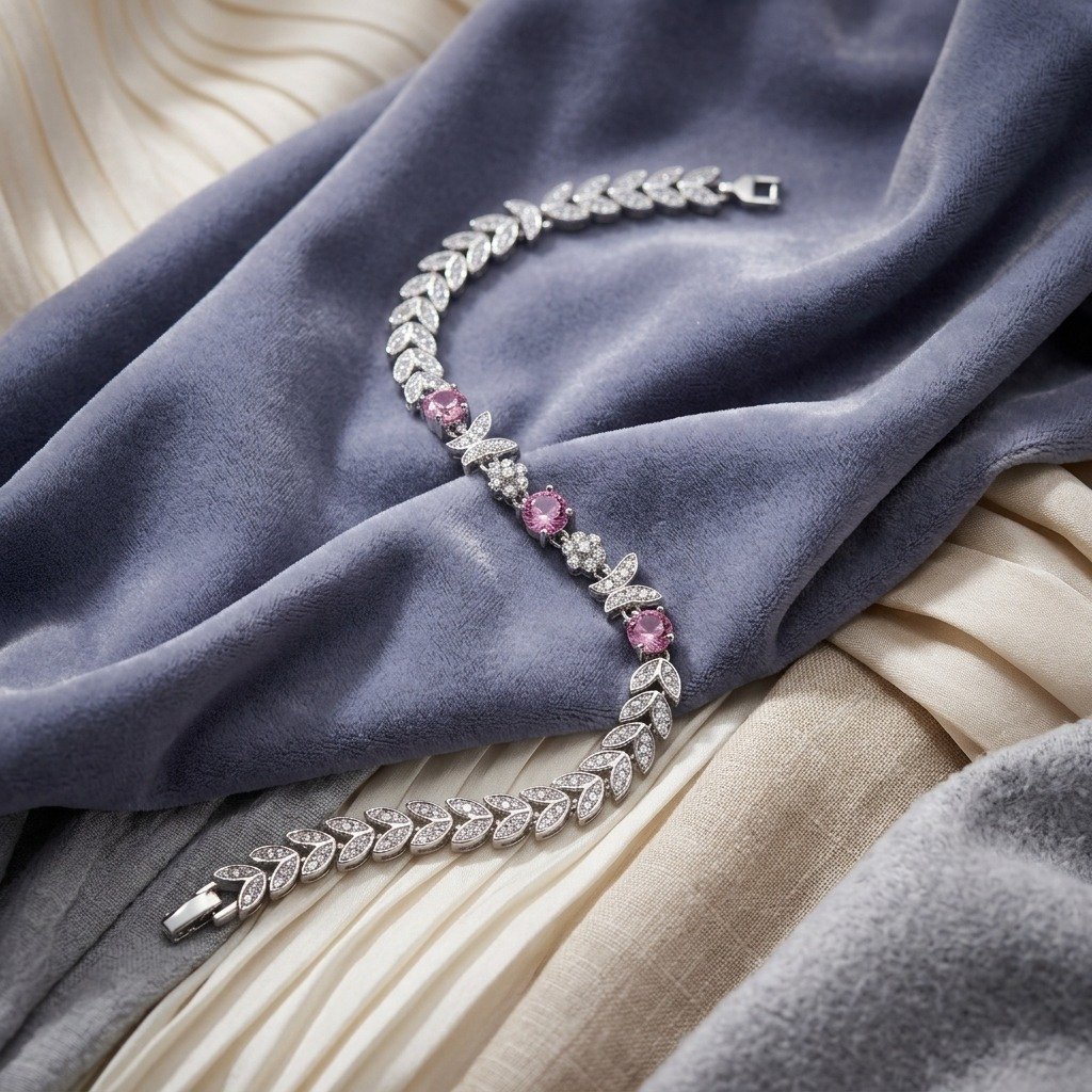 Pink Stone Floral Leaf Silver Bracelet