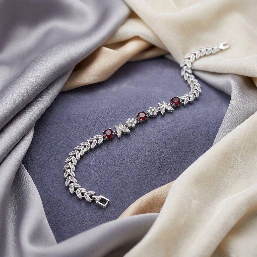 Red Gemstone Leaf Butterfly Silver Bracelet
