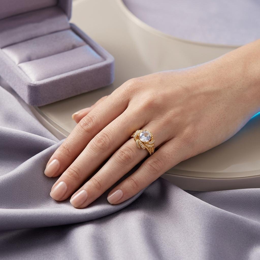 Round Solitaire Swirl Statement Ring in Gold
