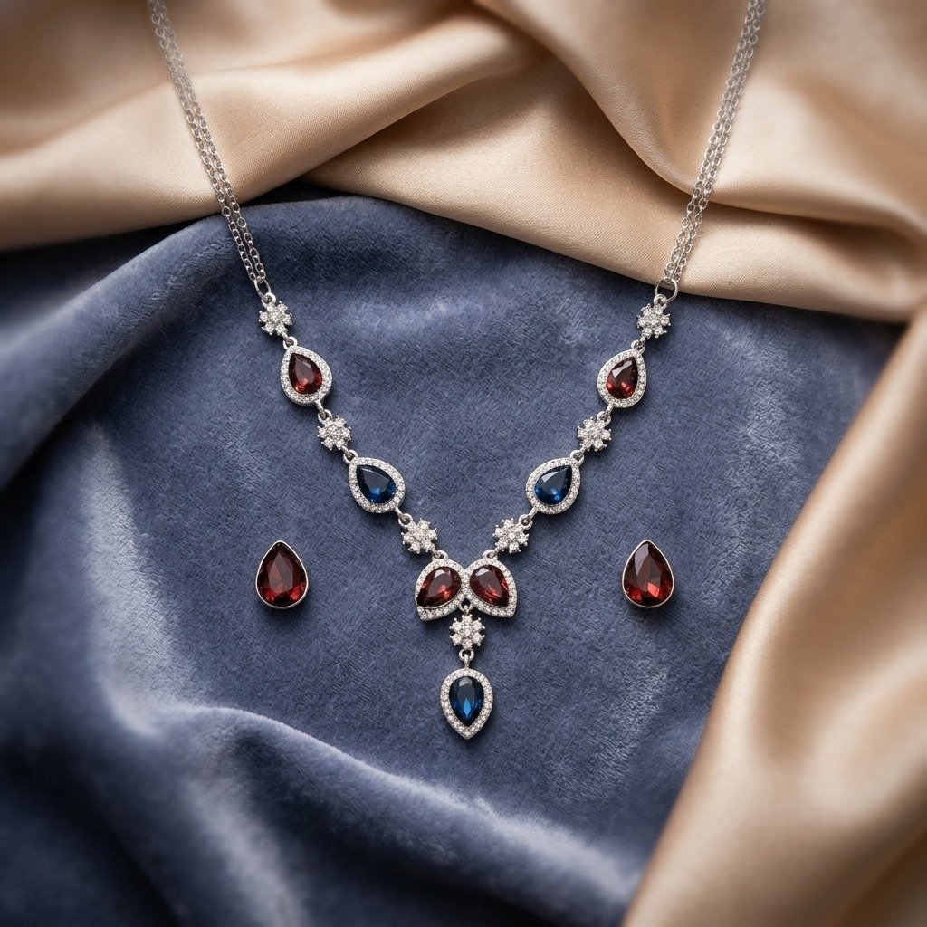 Ruby and Sapphire Halo Teardrop Jewellery Set
