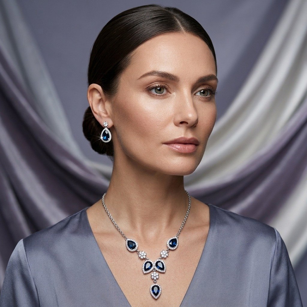 Sapphire Blue Teardrop Halo Jewellery Set